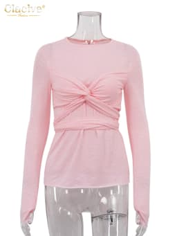 Clacive Bodycon Pink Knitted Women'S T-Shirt Casual O-Neck Long Sleeve T Shirts Elegant Chic Solid Tee Top Female Clothing 2024