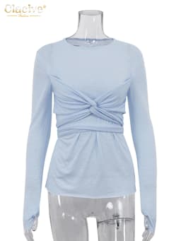 Clacive Bodycon Pink Knitted Women'S T-Shirt Casual O-Neck Long Sleeve T Shirts Elegant Chic Solid Tee Top Female Clothing 2024
