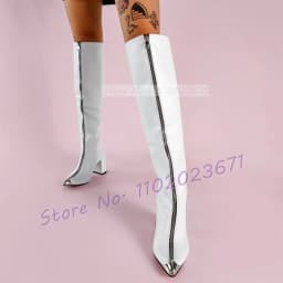Pink Leather Front-zip Boots Women Silver Metal Pointy Toe Block High Heels Shoes Ladies Elegant Trendy Knee High White Boots