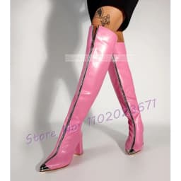 Pink Leather Front-zip Boots Women Silver Metal Pointy Toe Block High Heels Shoes Ladies Elegant Trendy Knee High White Boots