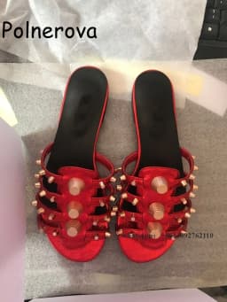 Solid Round Toe Slippers Metal Rivet Flat With Women's Shoes Summer Casual Beach Occidental Style Ladies Large Size Slippers