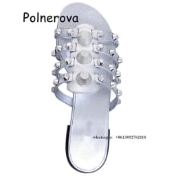 Solid Round Toe Slippers Metal Rivet Flat With Women's Shoes Summer Casual Beach Occidental Style Ladies Large Size Slippers