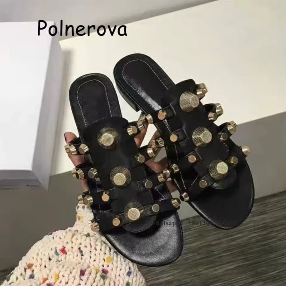 Solid Round Toe Slippers Metal Rivet Flat With Women's Shoes Summer Casual Beach Occidental Style Ladies Large Size Slippers