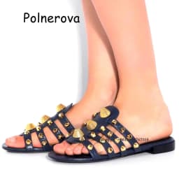 Solid Round Toe Slippers Metal Rivet Flat With Women's Shoes Summer Casual Beach Occidental Style Ladies Large Size Slippers