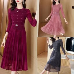 Sanzhai Pleated Dress 2024 Spring New O-Neck Heavy Industry Nail Diamonds Elegance Slimming Waist Length Knee Length Dress