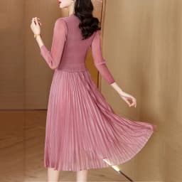 Sanzhai Pleated Dress 2024 Spring New O-Neck Heavy Industry Nail Diamonds Elegance Slimming Waist Length Knee Length Dress