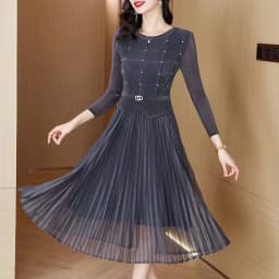 Sanzhai Pleated Dress 2024 Spring New O-Neck Heavy Industry Nail Diamonds Elegance Slimming Waist Length Knee Length Dress