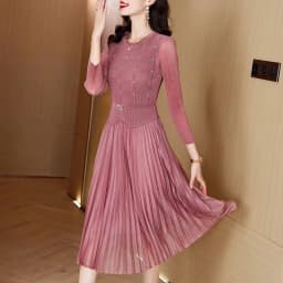 Sanzhai Pleated Dress 2024 Spring New O-Neck Heavy Industry Nail Diamonds Elegance Slimming Waist Length Knee Length Dress