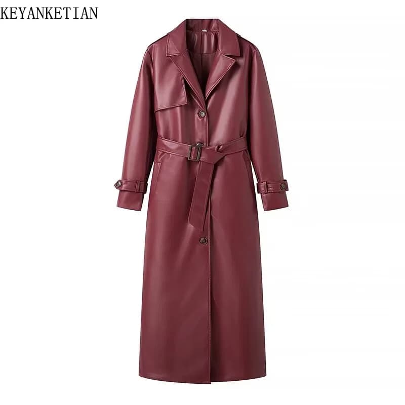 KEYANKETIAN 2024 New Launch Women's Burgundy Faux Leather Coat Retro Fashion With Belt Pockets Loose Extended Overcoat Outerwear