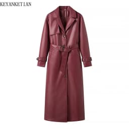 KEYANKETIAN 2024 New Launch Women's Burgundy Faux Leather Coat Retro Fashion With Belt Pockets Loose Extended Overcoat Outerwear