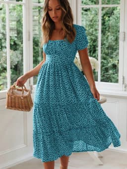 Sexy Square Collar Floral Print Midi Dress 2024 Women's Summer Puff Short Sleeve Ruffles Casual Party Dresses For Women Robe