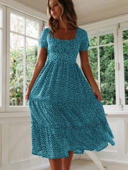Sexy Square Collar Floral Print Midi Dress 2024 Women's Summer Puff Short Sleeve Ruffles Casual Party Dresses For Women Robe