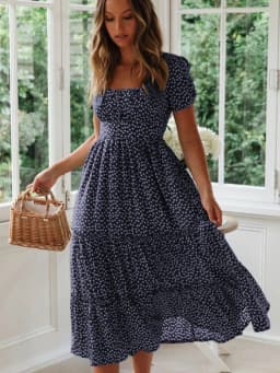 Sexy Square Collar Floral Print Midi Dress 2024 Women's Summer Puff Short Sleeve Ruffles Casual Party Dresses For Women Robe