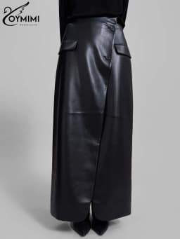 Oymimi Casual Black Pu Leather Skirts For Woman Elegant Button High Waisted Skirts Fashion Pockets Straight Skirt Streetwear