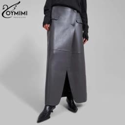 Oymimi Casual Black Pu Leather Skirts For Woman Elegant Button High Waisted Skirts Fashion Pockets Straight Skirt Streetwear