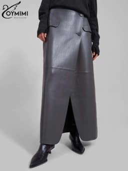 Oymimi Casual Black Pu Leather Skirts For Woman Elegant Button High Waisted Skirts Fashion Pockets Straight Skirt Streetwear