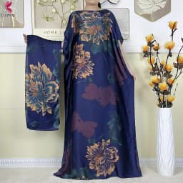 Summer African Women Short Sleeve Long Dress High-Quality Soft Silk Printed Muslim Lady Loose Robe Dubai Kaftan Dress With Scarf