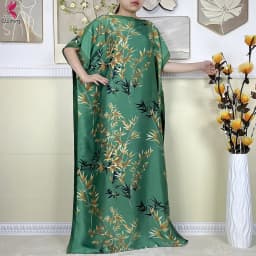 Summer African Women Short Sleeve Long Dress High-Quality Soft Silk Printed Muslim Lady Loose Robe Dubai Kaftan Dress With Scarf