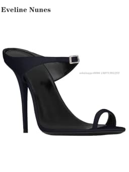 Clip Toe Straight Strap Slides Rhinestone Buckle Strap Slip On Women's Sandals Side Air Slingback Elegant Woman Heeled Shoes