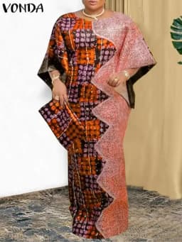 VONDA Women Summer Maxi Dress 2025 Vintage 3/4 Sleeve Printing Sundress Beach Robe Bohemian Bat-wing Sleeve Vestidos Polyester