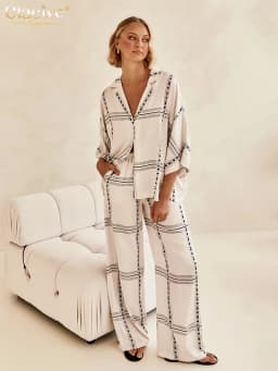 Clacive Elegant Loose Print 2 Piece Sets Women Outfit Casual Long Sleeve Shirt With High Waist Wide Pants Set Female Homewear