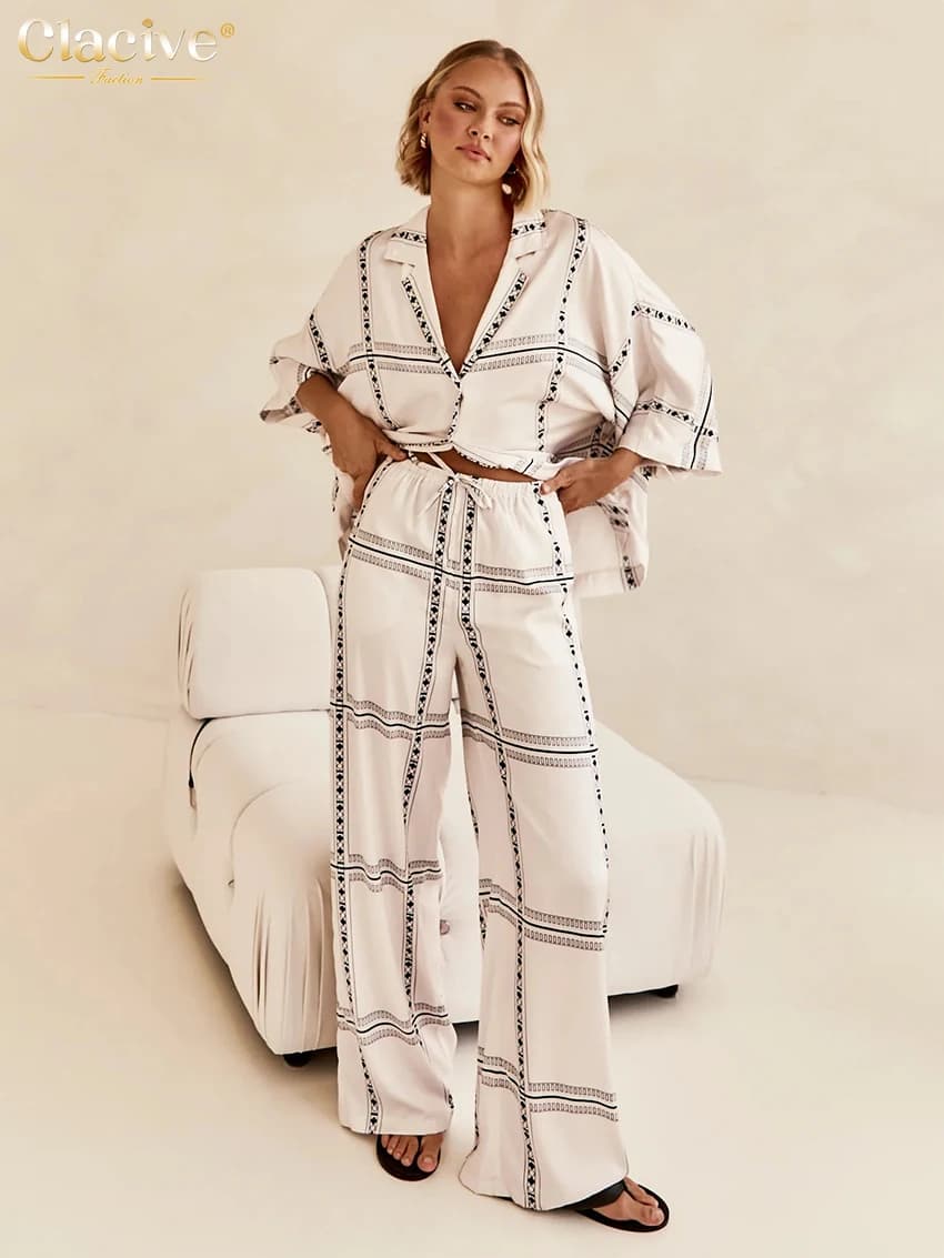 Clacive Elegant Loose Print 2 Piece Sets Women Outfit Casual Long Sleeve Shirt With High Waist Wide Pants Set Female Homewear