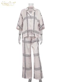Clacive Elegant Loose Print 2 Piece Sets Women Outfit Casual Long Sleeve Shirt With High Waist Wide Pants Set Female Homewear