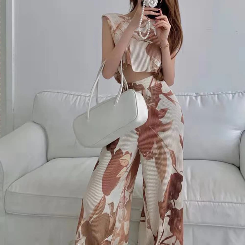 Women Vest Sleeveless Vest Pleated Sleeveless Vest Summer Two Piece Set Wide Leg Trousers Women Widely Applicable