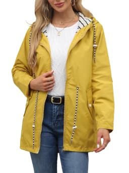 Women Outdoor Windbreaker Casual Loose Hooded Waterproof Raincoat Long Sleeve Solid Color Mid-length Zipper Hiking Jackets