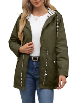 Women Outdoor Windbreaker Casual Loose Hooded Waterproof Raincoat Long Sleeve Solid Color Mid-length Zipper Hiking Jackets