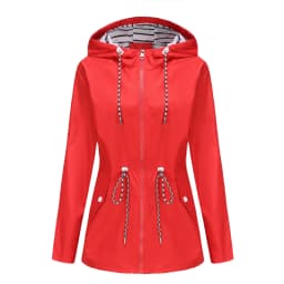 Women Outdoor Windbreaker Casual Loose Hooded Waterproof Raincoat Long Sleeve Solid Color Mid-length Zipper Hiking Jackets