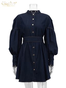 Clacive Fashion Slim Blue Denim Women's Dress 2024 Elegant Stand Collar Long Sleeve Mini Dresses Vintage High Waist Female Dress