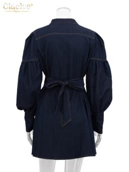 Clacive Fashion Slim Blue Denim Women's Dress 2024 Elegant Stand Collar Long Sleeve Mini Dresses Vintage High Waist Female Dress