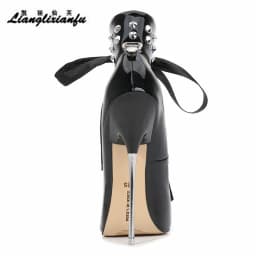 Crossdresser Rivet Pointed Toe PUNK Lace-up Shoes Woman 16cm Super Thin High Heels Wedding Pumps Bridal Nightclub Dance Stiletto