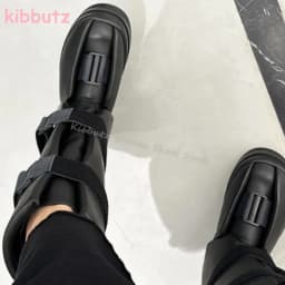 Motorcycle Knee High Boots Platform Genuine Leather Belt Buckles Round Toe Height Increasing Solid Color Fashion Concise Shoes