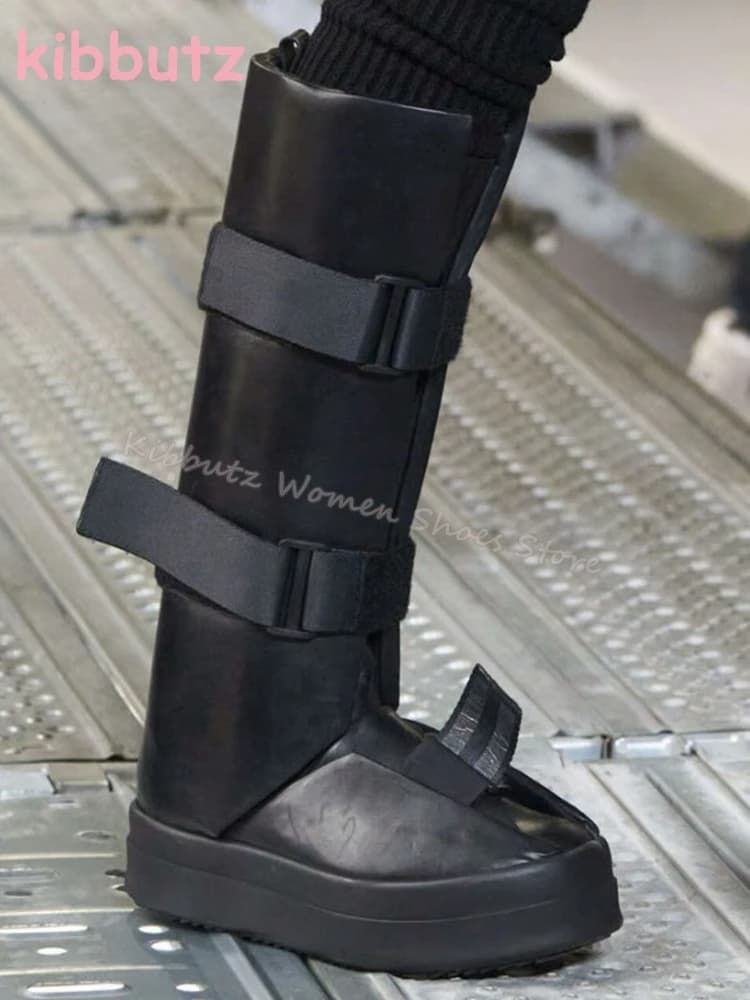Motorcycle Knee High Boots Platform Genuine Leather Belt Buckles Round Toe Height Increasing Solid Color Fashion Concise Shoes