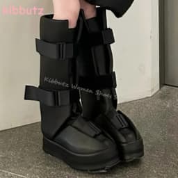 Motorcycle Knee High Boots Platform Genuine Leather Belt Buckles Round Toe Height Increasing Solid Color Fashion Concise Shoes