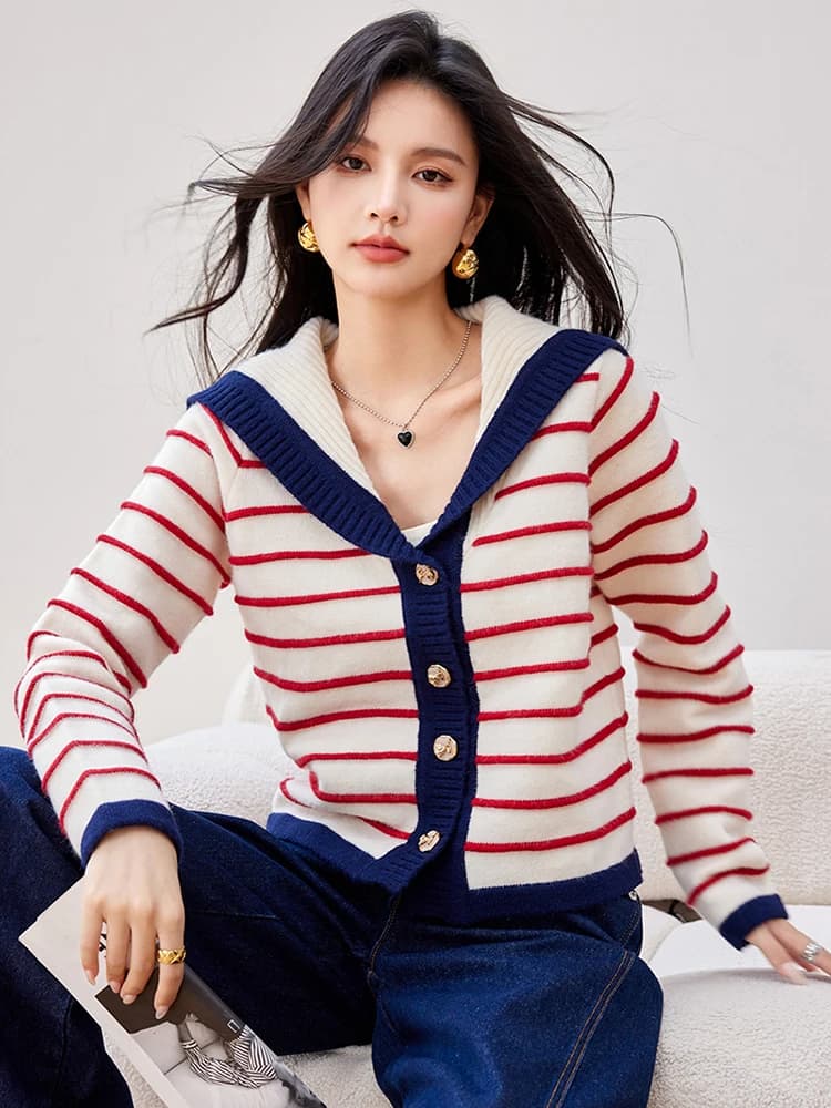 2025 New Sailor Collar Single-breasted Knitted Cardigan Women Lapel Striped Sweater Autumn Fashion Casual Coat
