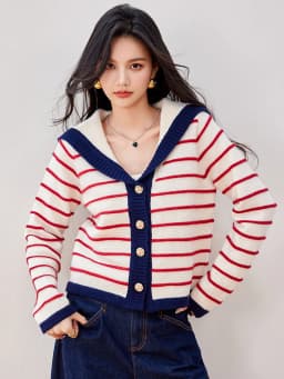 2025 New Sailor Collar Single-breasted Knitted Cardigan Women Lapel Striped Sweater Autumn Fashion Casual Coat