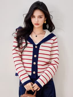 2025 New Sailor Collar Single-breasted Knitted Cardigan Women Lapel Striped Sweater Autumn Fashion Casual Coat
