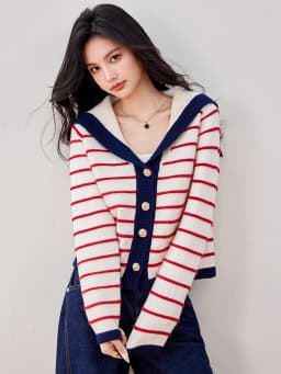 2025 New Sailor Collar Single-breasted Knitted Cardigan Women Lapel Striped Sweater Autumn Fashion Casual Coat