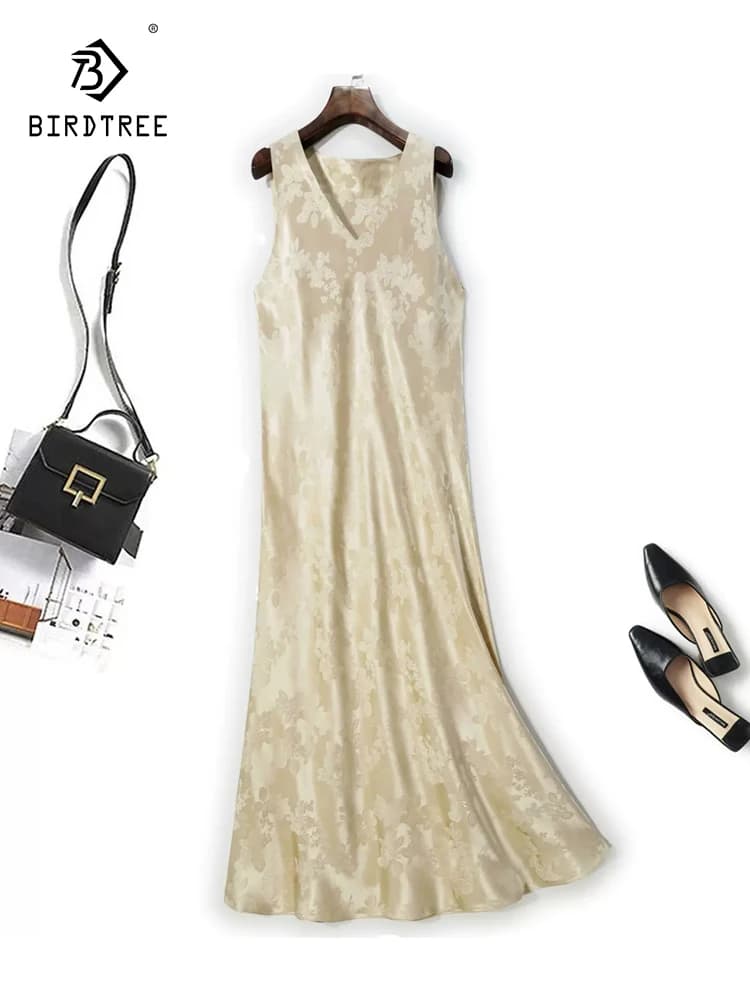 BirdTree, 25MM 100% Silk Elegant Dresses, Women Sleeveless V Neck Jacquard, Retro Chinese Loose Dress, 2024 Summer New D45646QC