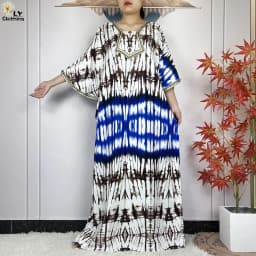 2024 Latest Style Fashion Tie-dyed Printed Women Dress Casual Loose Short Sleeve African Abaya Femme Dashiki Islamic Clothing