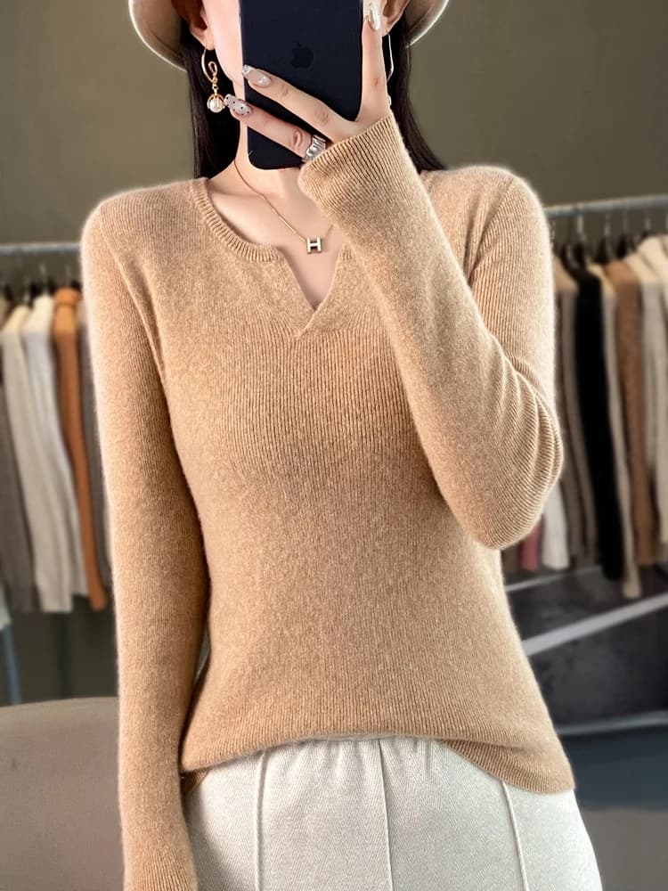Women Merino Wool High Elasticity Sweater Round V-neck Slim Pullover Autumn Winter Cashmere Bottoming Knitwear Solid Color Tops