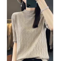 Women New Soft Diamond Letter Design Sweater Half-high Collar Three Quarter Sleeve Pullover Spring Summer Casual Knit Slim Top