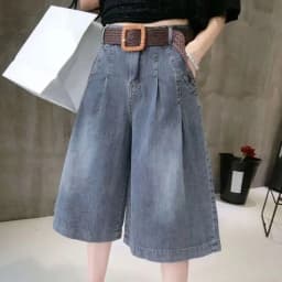 Summer Blue Women's Midi Jean Pants Fashion with Pockets Belt Knee Length Pants Woman Korean High Waist Loose Straight Shorts