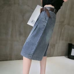 Summer Blue Women's Midi Jean Pants Fashion with Pockets Belt Knee Length Pants Woman Korean High Waist Loose Straight Shorts