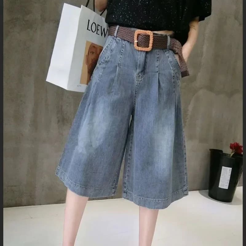 Summer Blue Women's Midi Jean Pants Fashion with Pockets Belt Knee Length Pants Woman Korean High Waist Loose Straight Shorts