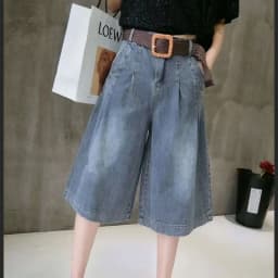 Summer Blue Women's Midi Jean Pants Fashion with Pockets Belt Knee Length Pants Woman Korean High Waist Loose Straight Shorts