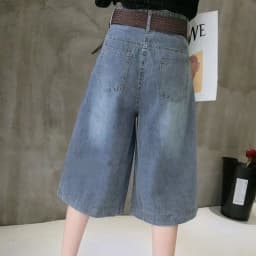Summer Blue Women's Midi Jean Pants Fashion with Pockets Belt Knee Length Pants Woman Korean High Waist Loose Straight Shorts